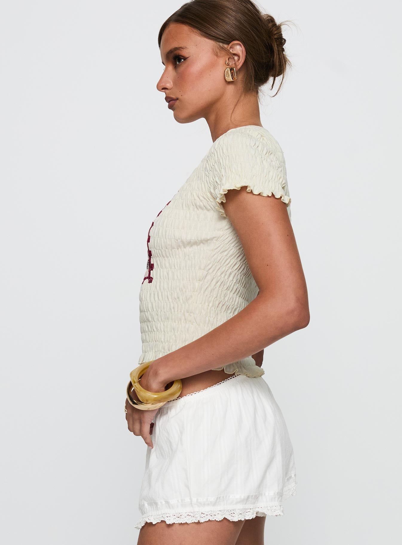 Ciao Bella Shirred Graphic Top Cream
